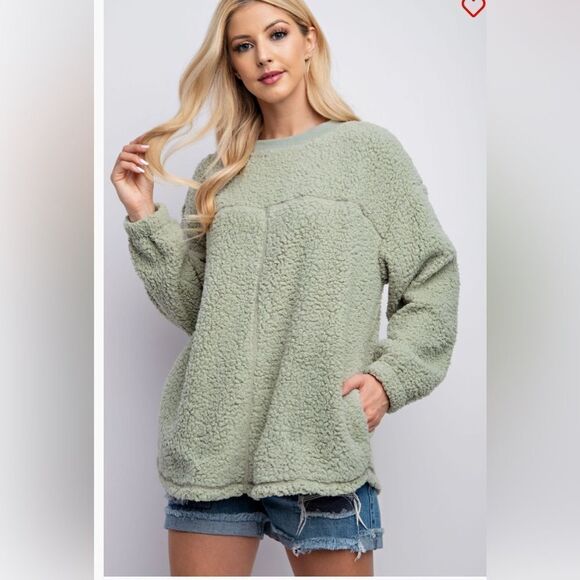 Easel Sage Green Oversized Sherpa Sweater New - Picture 2 of 5